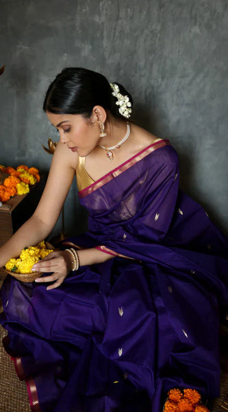 Fantabulous Navy Blue Cotton Silk Saree With Embellished Blouse Piece
