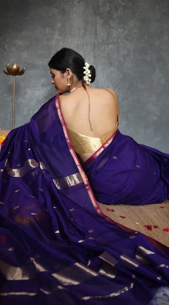 Fantabulous Navy Blue Cotton Silk Saree With Embellished Blouse Piece