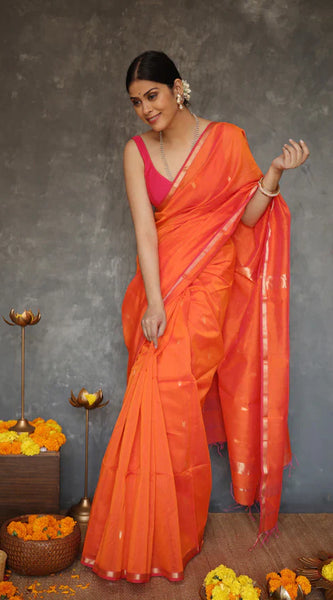 Susurrous Orange Cotton Silk Saree With Enthralling Blouse Piece