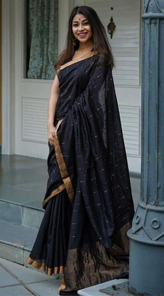 Appealing Black Cotton Silk Saree With Felicitous Blouse Piece