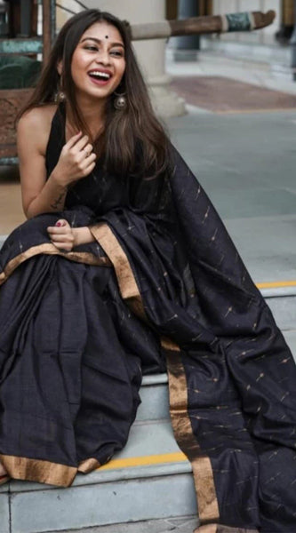 Appealing Black Cotton Silk Saree With Felicitous Blouse Piece