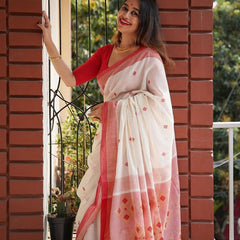 Desiring Off White Cotton Silk Saree With Capricious Blouse Piece
