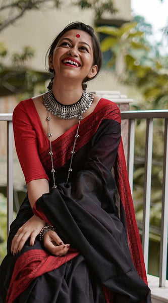 Marvellous Black Cotton Silk Saree With Demanding Blouse Piece