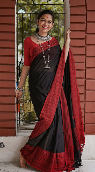 Marvellous Black Cotton Silk Saree With Demanding Blouse Piece