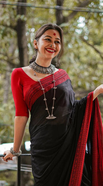 Marvellous Black Cotton Silk Saree With Demanding Blouse Piece