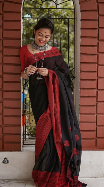 Marvellous Black Cotton Silk Saree With Demanding Blouse Piece