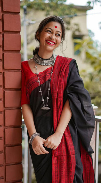 Marvellous Black Cotton Silk Saree With Demanding Blouse Piece