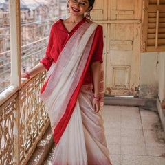 Extraordinary Off White Cotton Silk Saree With Demanding Blouse Piece