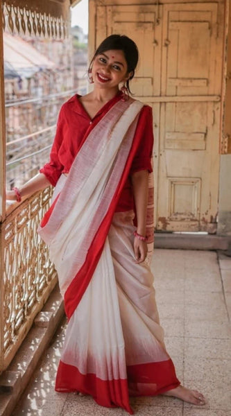Extraordinary Off White Cotton Silk Saree With Demanding Blouse Piece