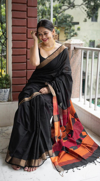 Fairytale Black Cotton Silk Saree With Mesmeric Blouse Piece