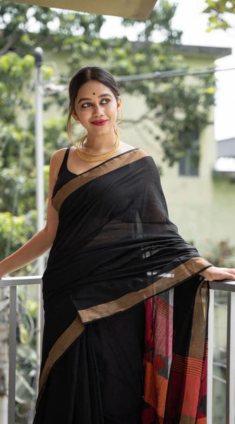 Fairytale Black Cotton Silk Saree With Mesmeric Blouse Piece