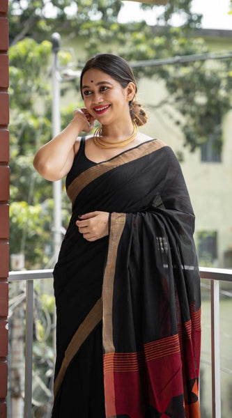 Fairytale Black Cotton Silk Saree With Mesmeric Blouse Piece