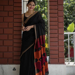 Fairytale Black Cotton Silk Saree With Mesmeric Blouse Piece