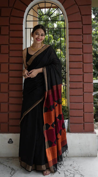 Fairytale Black Cotton Silk Saree With Mesmeric Blouse Piece