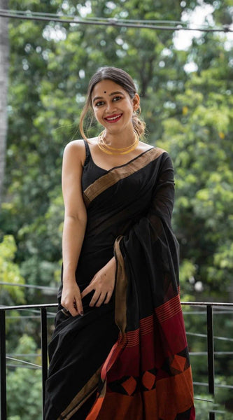 Fairytale Black Cotton Silk Saree With Mesmeric Blouse Piece
