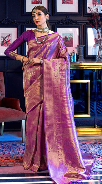 Demesne Purple Kanjivaram Silk Saree With Beautiful Blouse Piece