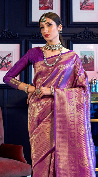 Demesne Purple Kanjivaram Silk Saree With Beautiful Blouse Piece