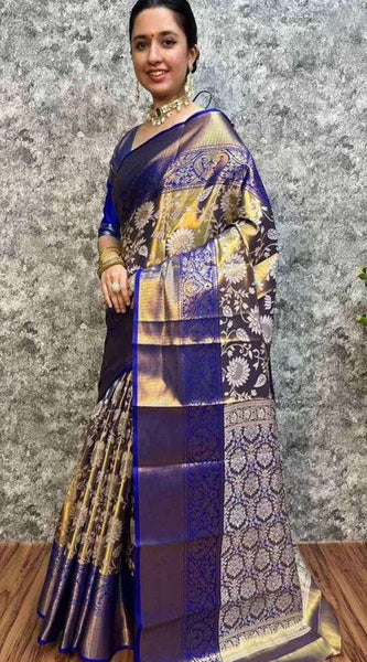 Imbrication Royal Blue Kanjivaram Silk Saree With Glamorous Blouse Piece