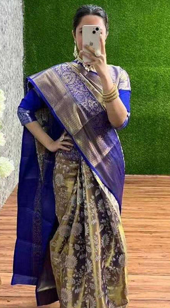 Imbrication Royal Blue Kanjivaram Silk Saree With Glamorous Blouse Piece
