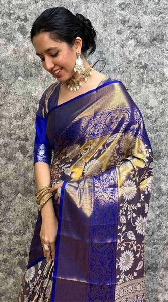 Imbrication Royal Blue Kanjivaram Silk Saree With Glamorous Blouse Piece