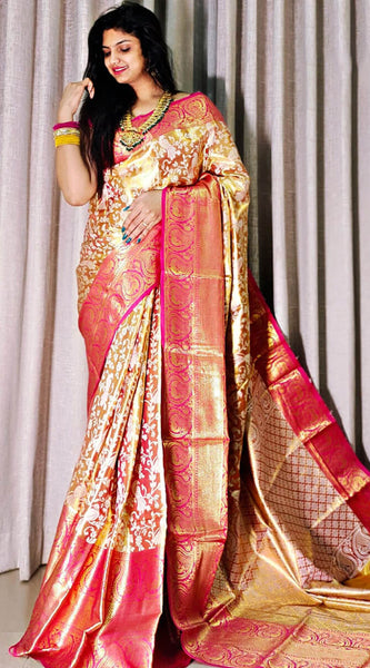 Glorious Dark Pink Kanjivaram Silk Saree With Exceptional Blouse Piece