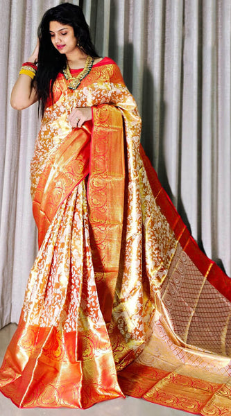 Capricious Red Kanjivaram Silk Saree With Gleaming Blouse Piece