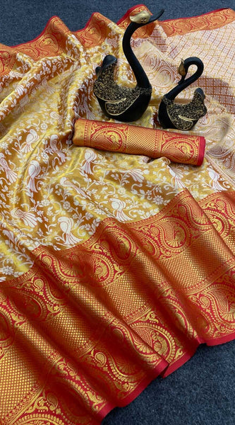 Capricious Red Kanjivaram Silk Saree With Gleaming Blouse Piece