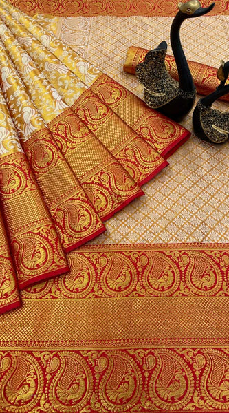 Capricious Red Kanjivaram Silk Saree With Gleaming Blouse Piece