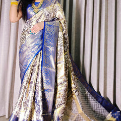 Marvellous Royal Blue Kanjivaram Silk Saree With Unique Blouse Piece