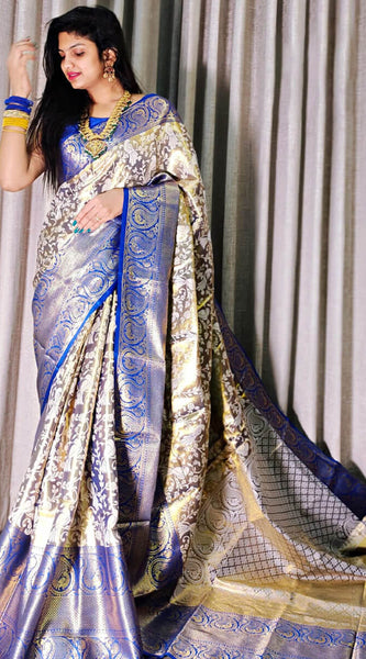 Marvellous Royal Blue Kanjivaram Silk Saree With Unique Blouse Piece
