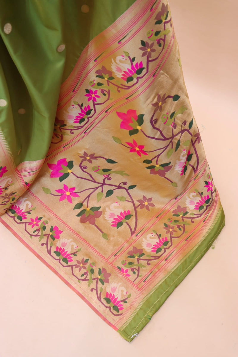 Amazing Mehndi Paithani Silk Saree With Pretty Blouse Piece