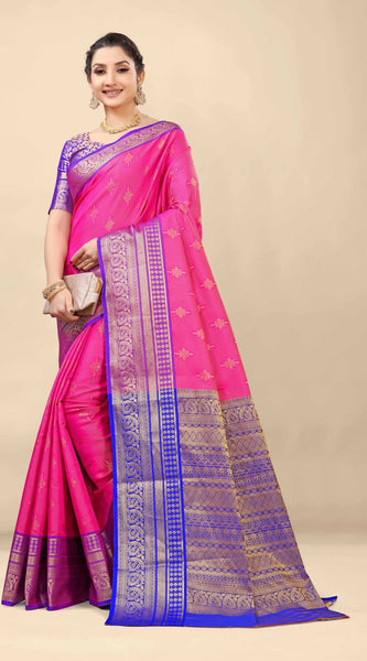 Elegant Dark Pink Kanjivaram Silk With Demure Blouse Piece