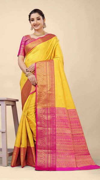 Gratifying Yellow Kanjivaram Silk With Demure Blouse Piece