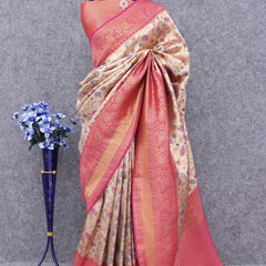 Efflorescence Beige Kanjivaram Silk Saree With Twirling Blouse Piece