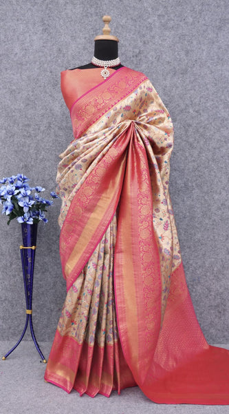 Efflorescence Beige Kanjivaram Silk Saree With Twirling Blouse Piece