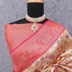 Efflorescence Beige Kanjivaram Silk Saree With Twirling Blouse Piece