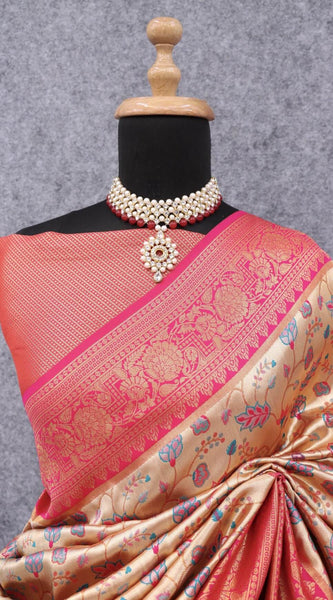 Efflorescence Beige Kanjivaram Silk Saree With Twirling Blouse Piece