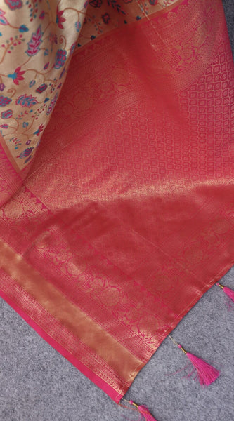 Efflorescence Beige Kanjivaram Silk Saree With Twirling Blouse Piece