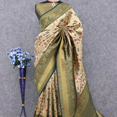 Pretty Beige Kanjivaram Silk Saree With Glorious Blouse Piece