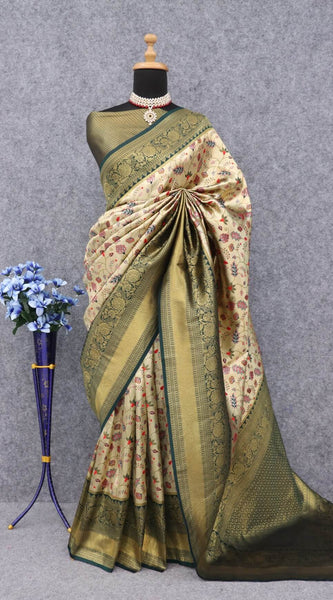 Pretty Beige Kanjivaram Silk Saree With Glorious Blouse Piece
