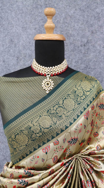 Pretty Beige Kanjivaram Silk Saree With Glorious Blouse Piece