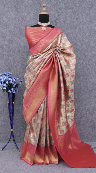 Palimpsest Beige Kanjivaram Silk Saree With Delectable Blouse Piece