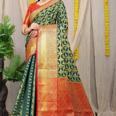 Arresting Dark Green Kanjivaram Silk With Palimpsest Blouse Piece