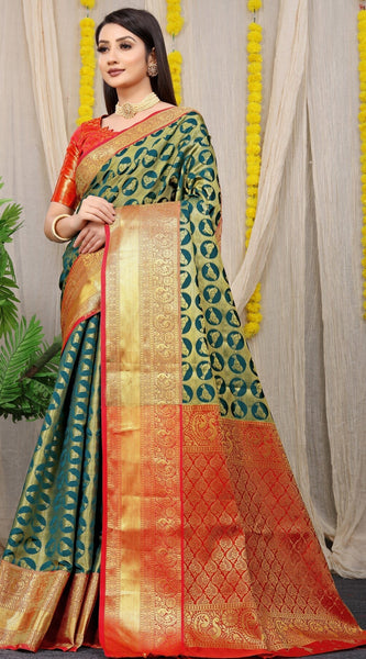 Arresting Dark Green Kanjivaram Silk With Palimpsest Blouse Piece