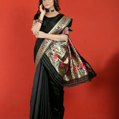 Jazzy Black Paithani Silk Saree With Desiring Blouse Piece