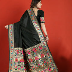 Jazzy Black Paithani Silk Saree With Desiring Blouse Piece