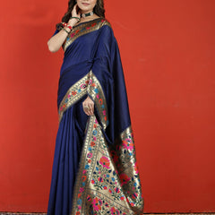 Exuberant Navy Blue Paithani Silk Saree With Prodigal Blouse Piece