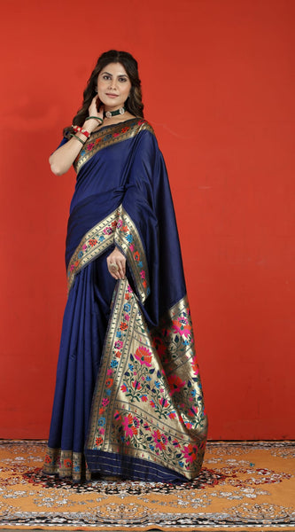 Exuberant Navy Blue Paithani Silk Saree With Prodigal Blouse Piece