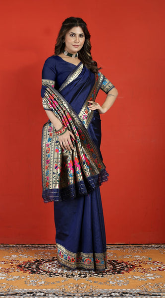Exuberant Navy Blue Paithani Silk Saree With Prodigal Blouse Piece
