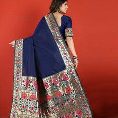Exuberant Navy Blue Paithani Silk Saree With Prodigal Blouse Piece